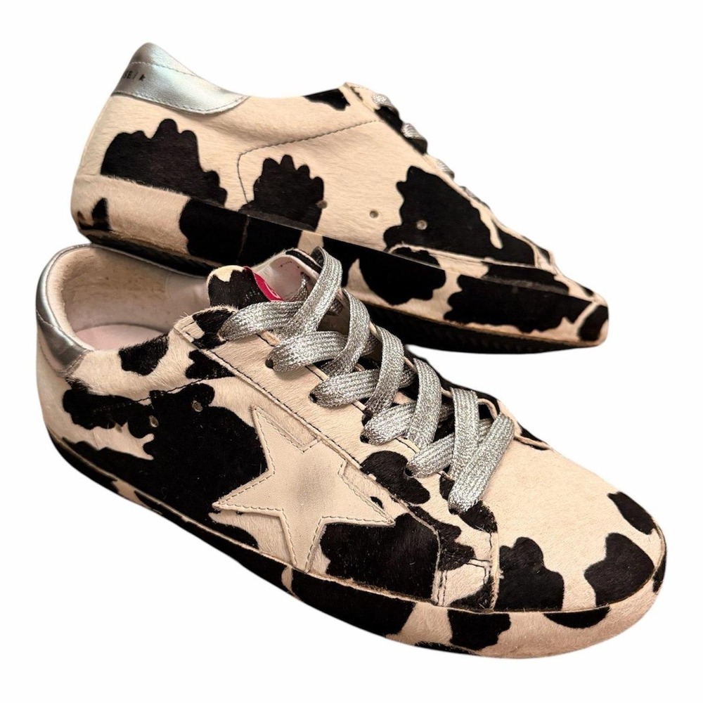 Fashion Sneakers Super Stars Cow Print Faux Pony Hair Lace Up Low Top Skater
